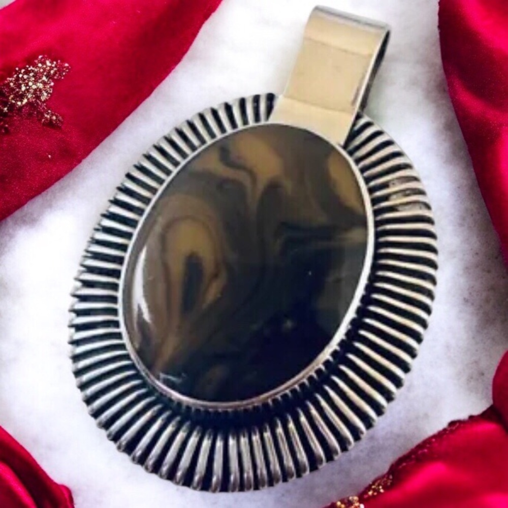 Sterling Silver Pendant 925 Mexico Brown Agate Gemstone Oval